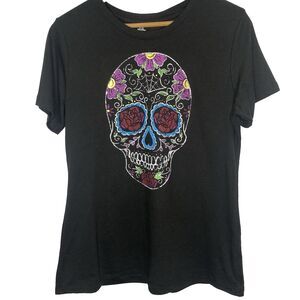 Way To Celebrate Halloween T Shirt Day Of The Dead Skull Womens Size M Black